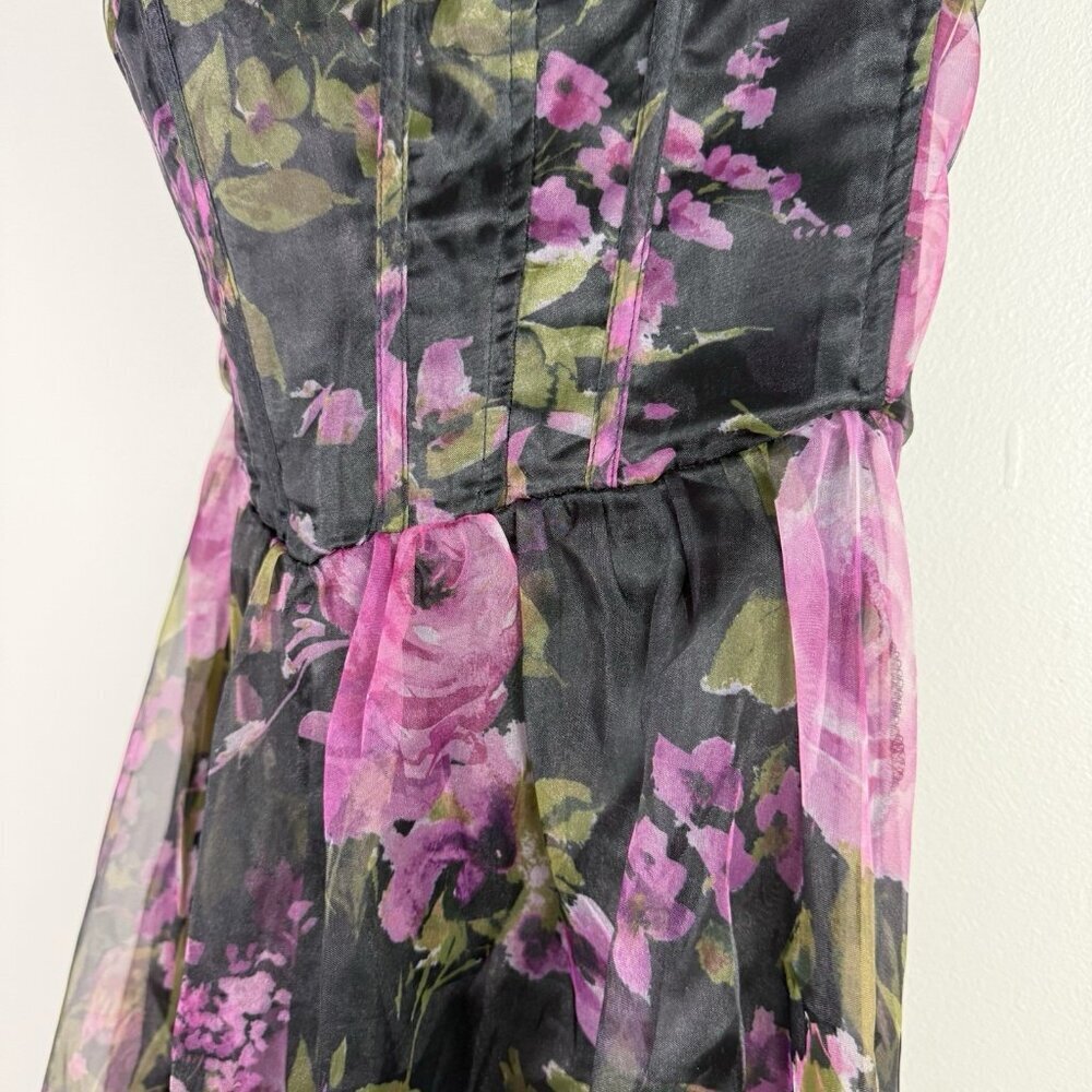 Lulus Strapless Floral Maxi Dress Corset Bodice Black Purple Wedding Guest - Picture 7 of 10